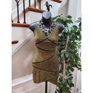 Aria Women's Gold Nylon V-Neck Sleeveless Casual Knee Length Dress Size Small